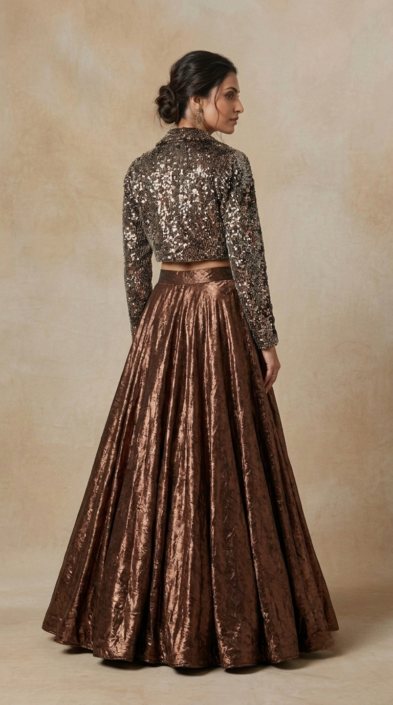 Modern brown blazer lehenga set for wedding festivities, cocktail parties and glamorous occasions