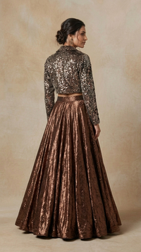 Modern brown blazer lehenga set for wedding festivities, cocktail parties and glamorous occasions