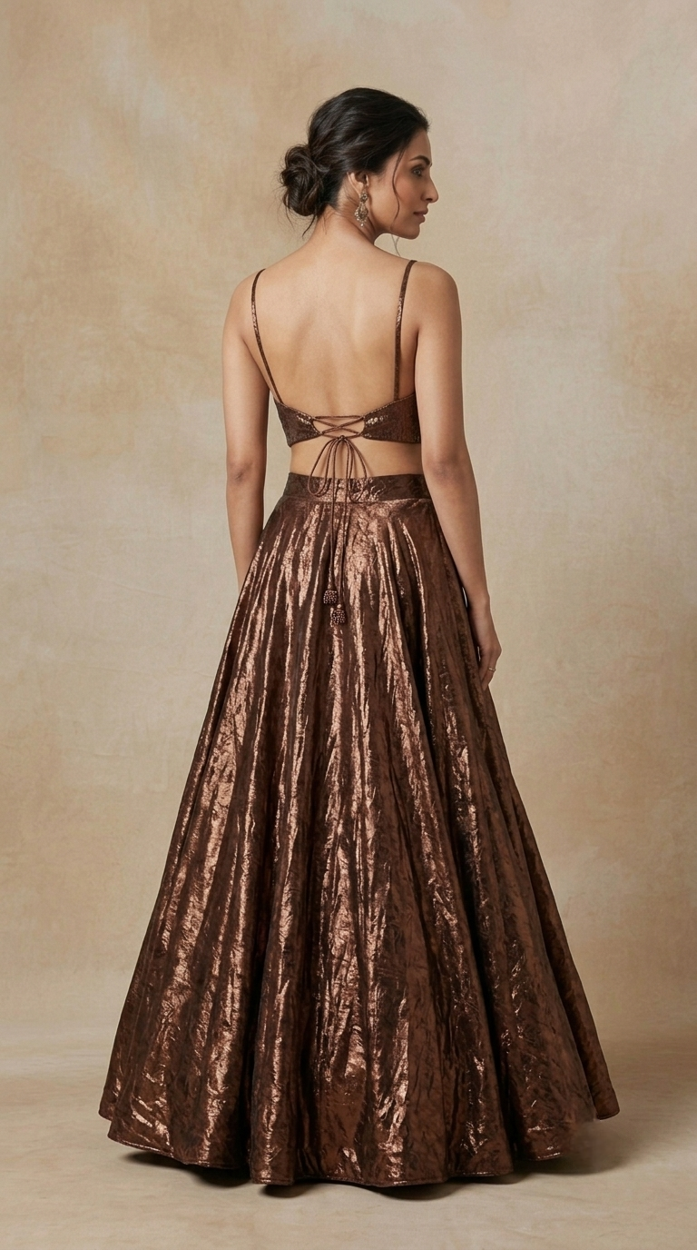 Brown sequin work lehenga choli with statement blazer blouse for Diwali, festive parties and wedding wear
