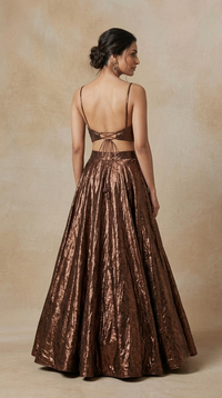 Brown sequin work lehenga choli with statement blazer blouse for Diwali, festive parties and wedding wear