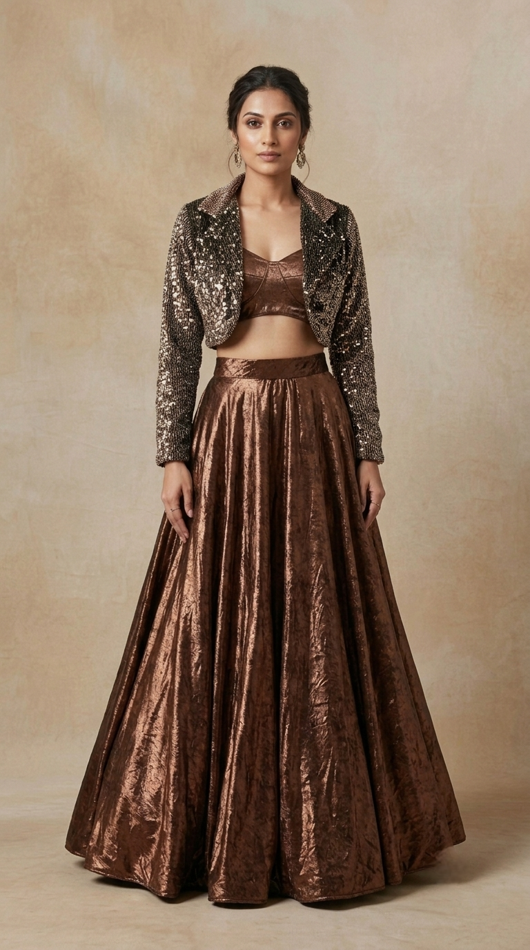 Designer brown lehenga choli with sequin work and blazer style blouse for wedding reception