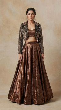 Designer brown lehenga choli with sequin work and blazer style blouse for wedding reception