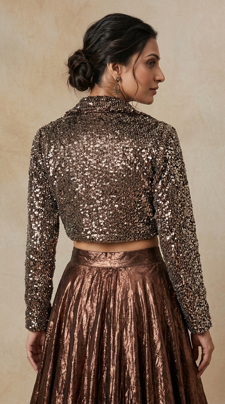 Brown designer lehenga choli set with sequin embellishments for engagement and pre-wedding celebrations
