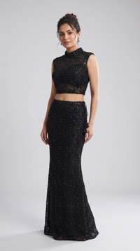 Designer black skirt and blouse set with intricate bead embroidery for engagement and cocktail parties