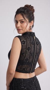 Elegant black embroidered skirt blouse outfit for reception, cocktail night and evening parties