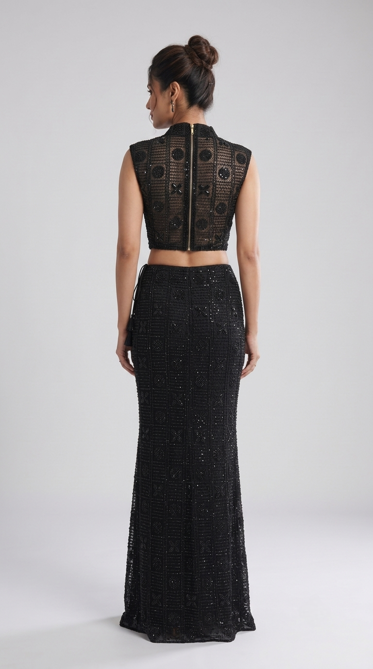 Close-up of black blouse with intricate bead embroidery for designer ethnic party wear