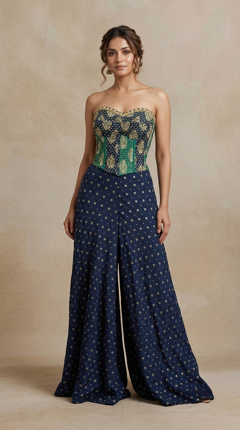 Designer blue chiffon palazzo suit with embroidered corset blouse for wedding guest and reception wear