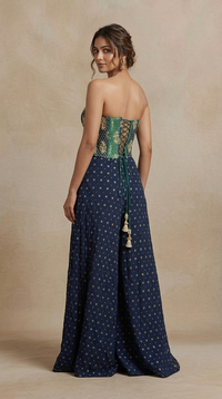 Women's blue embroidered chiffon palazzo outfit, trendy Indo Western ethnic wear for engagement, festive parties and wedding functions