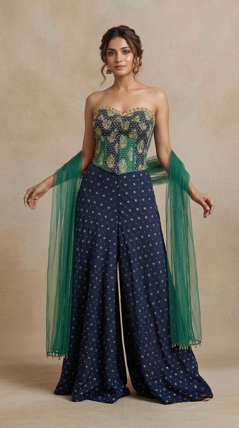 Blue embroidered corset blouse with chiffon palazzo pants, stylish Indo Western outfit for engagement and cocktail parties