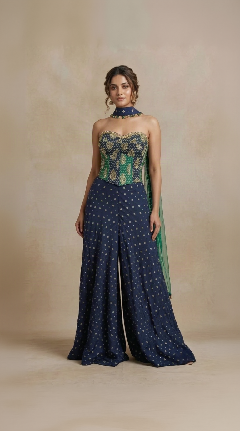 Blue corset embroidered chiffon palazzo set for women, elegant Indian ethnic wear for weddings and sangeet