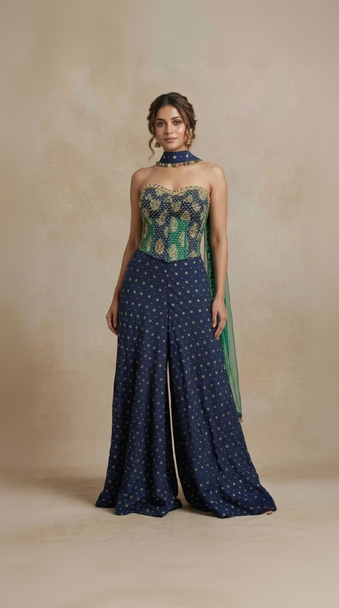 Blue corset embroidered chiffon palazzo set for women, elegant Indian ethnic wear for weddings and sangeet