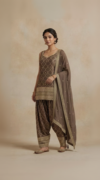 Lavender tissue silk Farsi salwar set with cutdana embellishments for wedding and sangeet wear