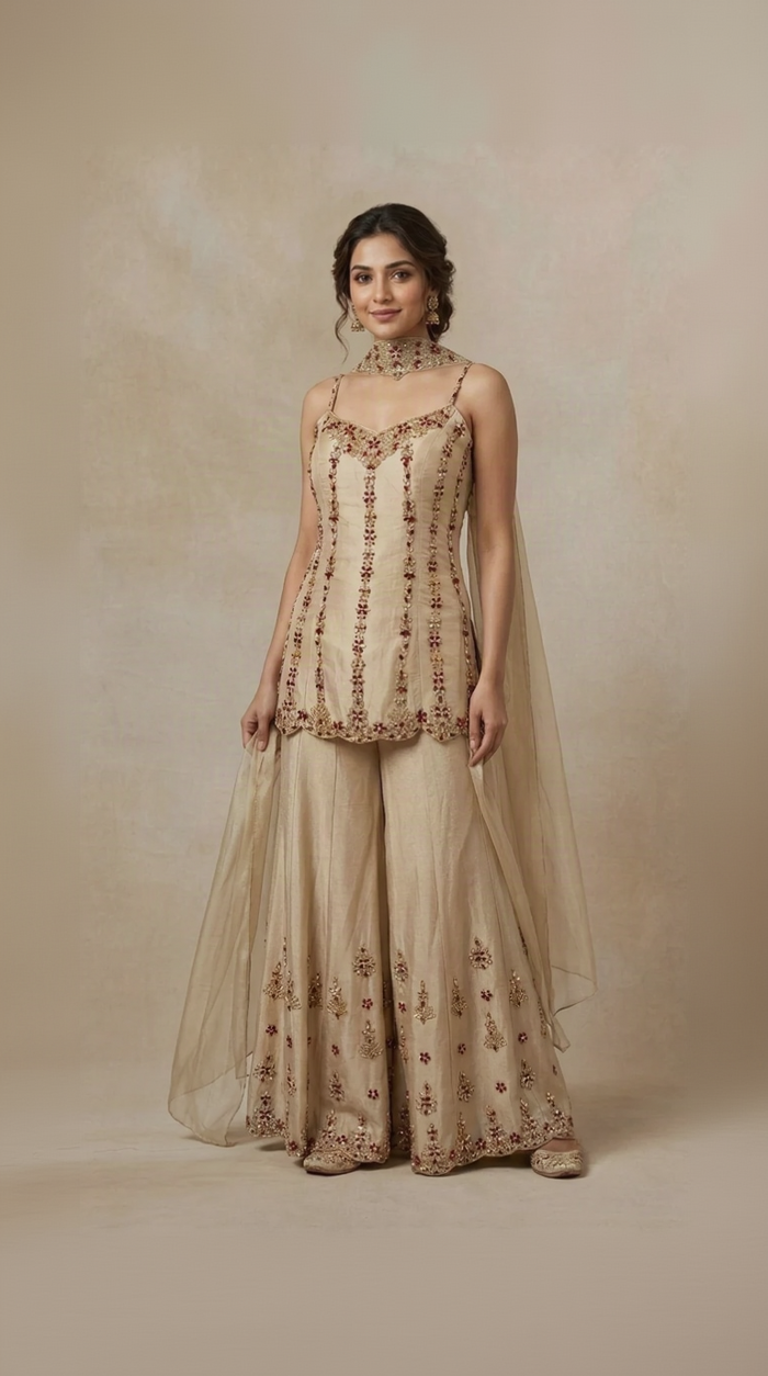 Cream intricately embroidered salwar suit set for women, elegant ethnic wear for weddings and festive occasions
