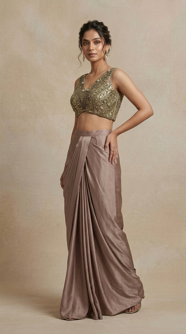 Elegant lilac designer skirt blouse set for women, wedding guest outfit for reception, parties and special occasions