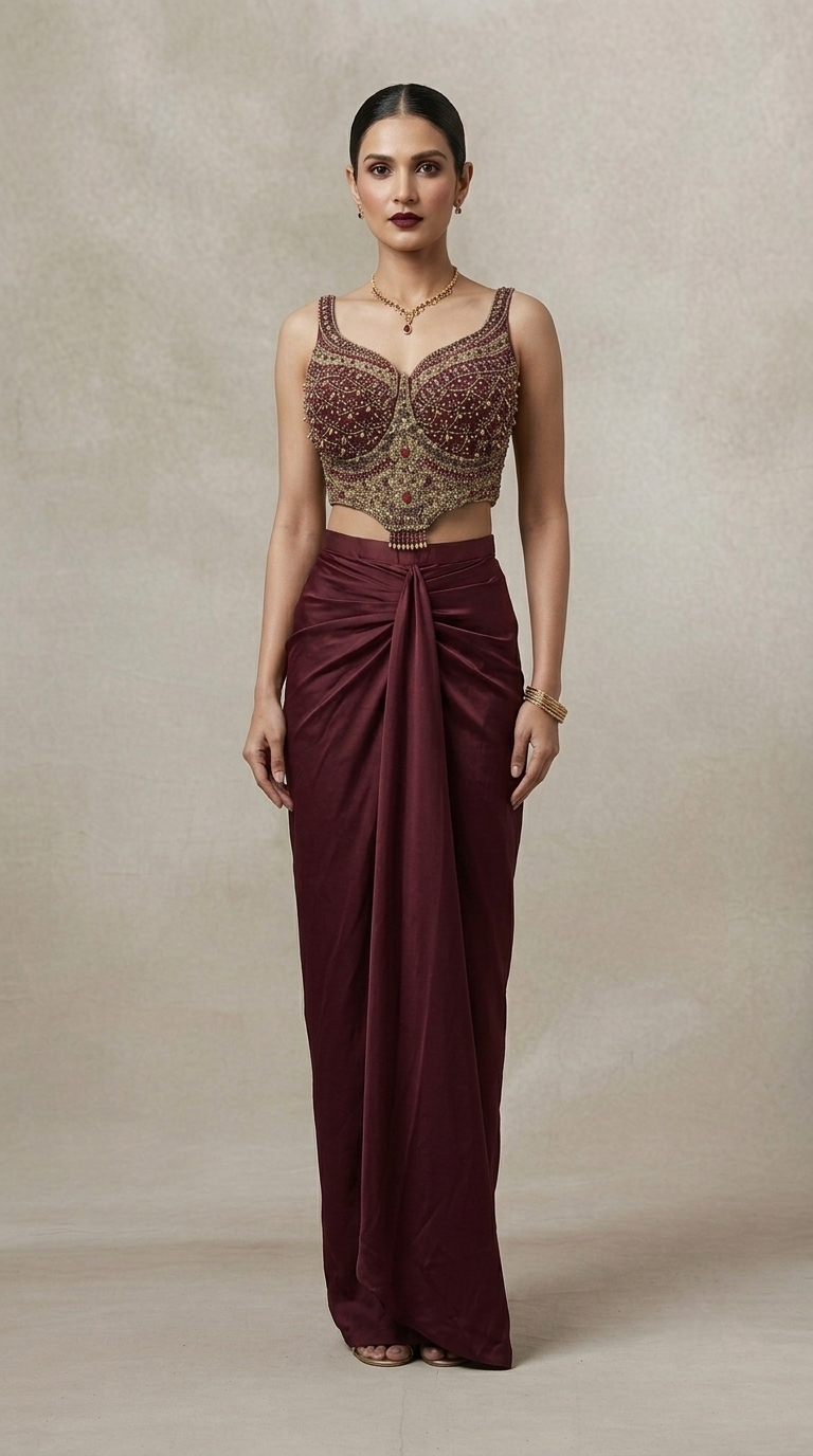 Maroon satin skirt with embroidered top, elegant Indian party wear for wedding guests and receptions