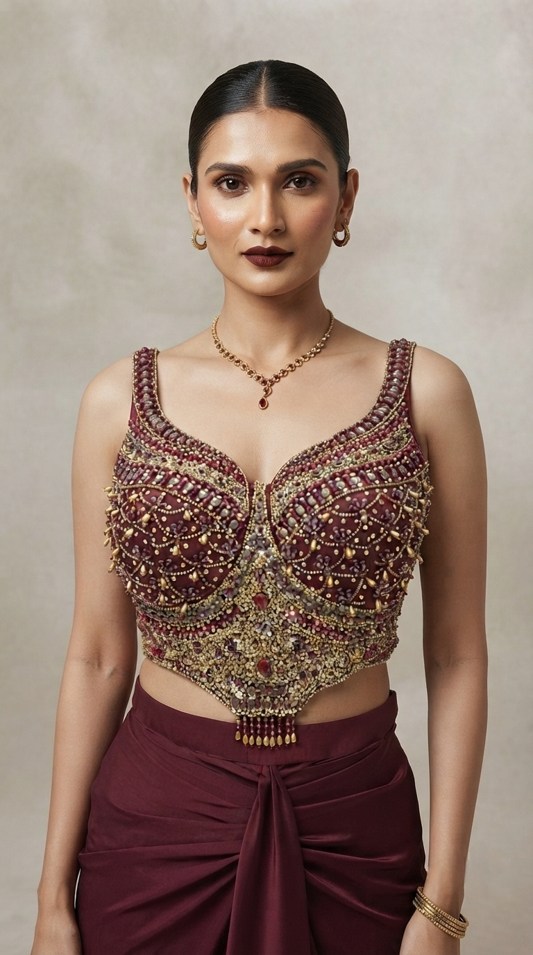 Designer maroon pleated skirt and embroidered blouse set for cocktail parties, engagement and festive wear