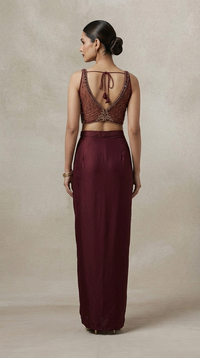 Maroon embroidered skirt set with satin pleats, stylish Indo-Western outfit for sangeet and wedding celebrations