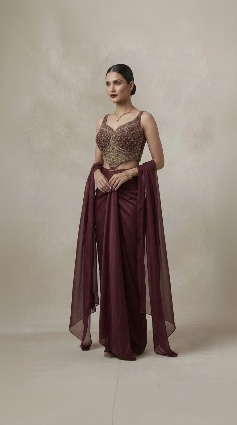 Maroon pleated satin skirt embroidered set for women, designer ethnic wear for wedding and sangeet