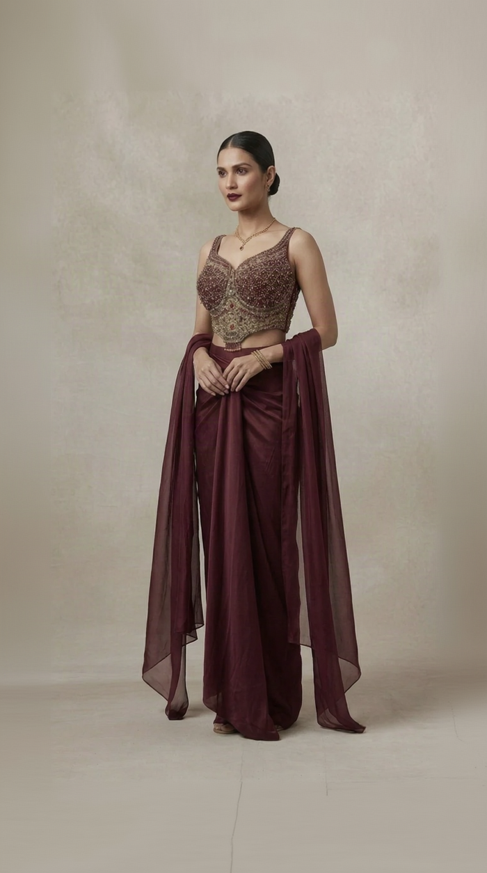 Maroon pleated satin skirt embroidered set for women, designer ethnic wear for wedding and sangeet