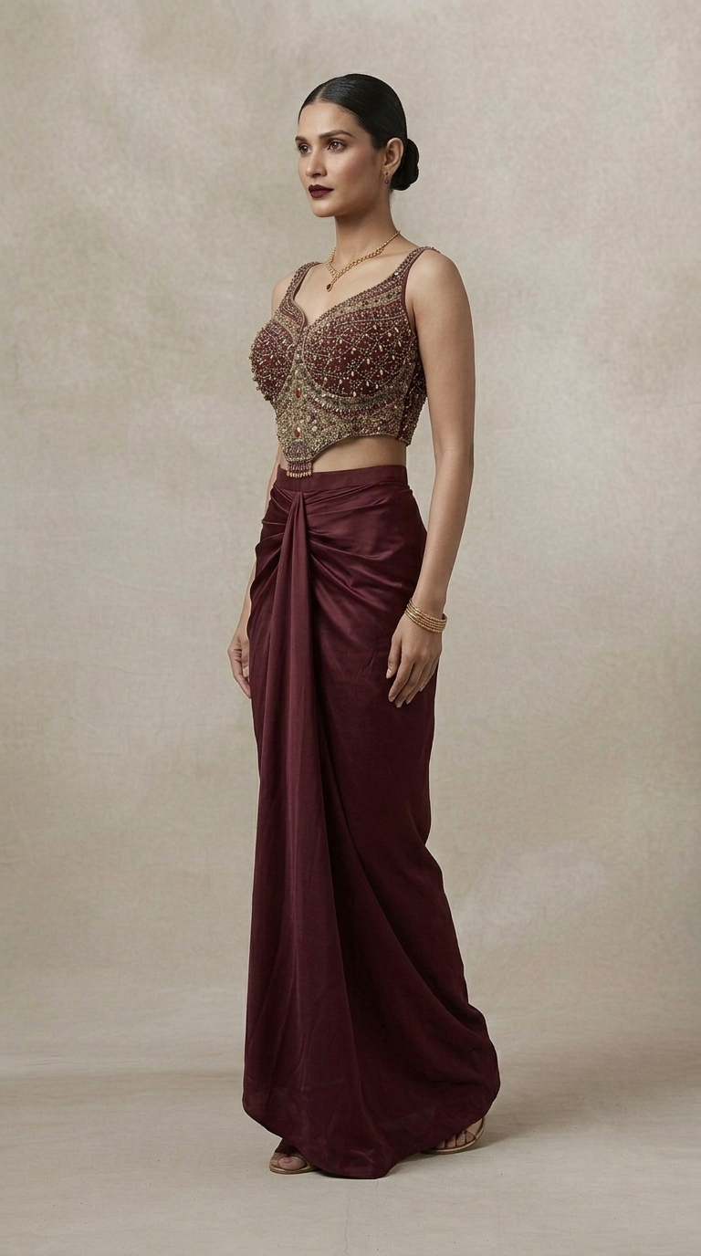Maroon satin skirt and embellished top for women, premium ethnic party wear for Diwali, festive occasions and celebrations
