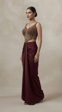 Maroon satin skirt and embellished top for women, premium ethnic party wear for Diwali, festive occasions and celebrations