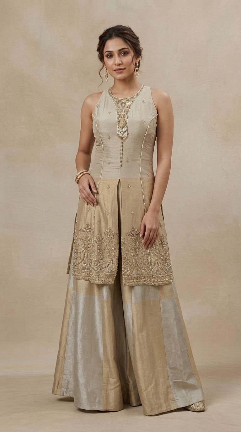 Cream tissue silk salwar suit for women with embroidery, elegant Indian ethnic wear for weddings, sangeet and festive occasions