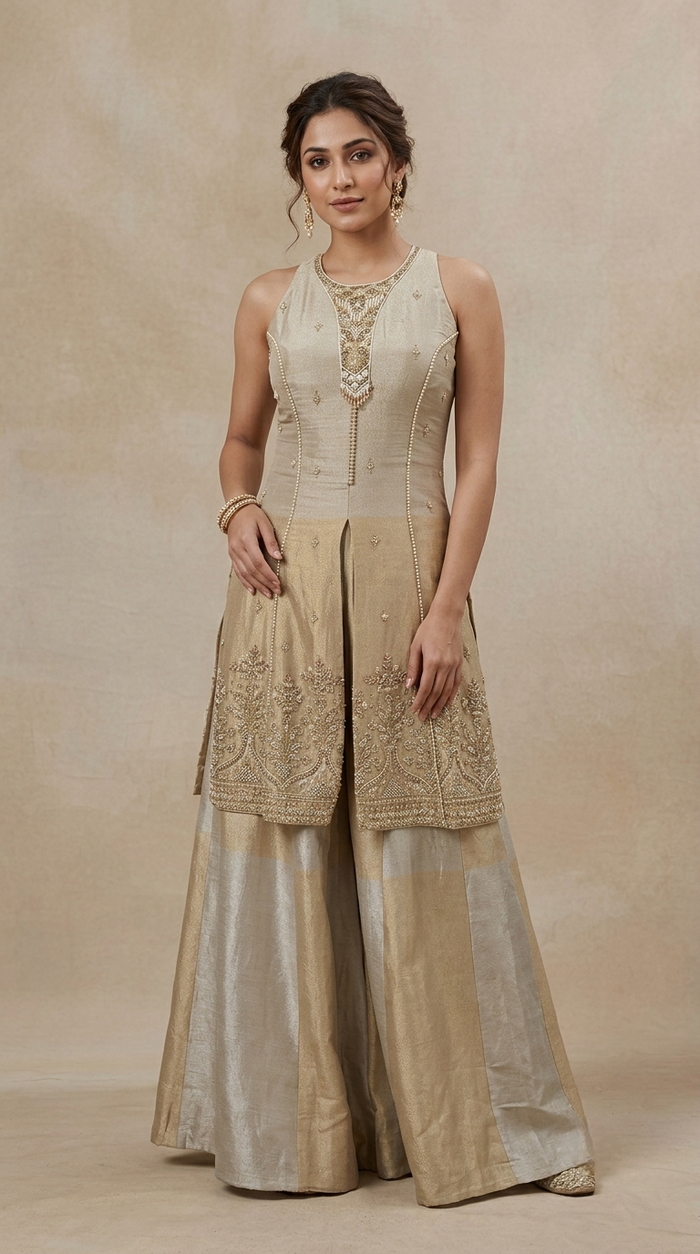 Cream tissue silk salwar suit for women with embroidery, elegant Indian ethnic wear for weddings, sangeet and festive occasions