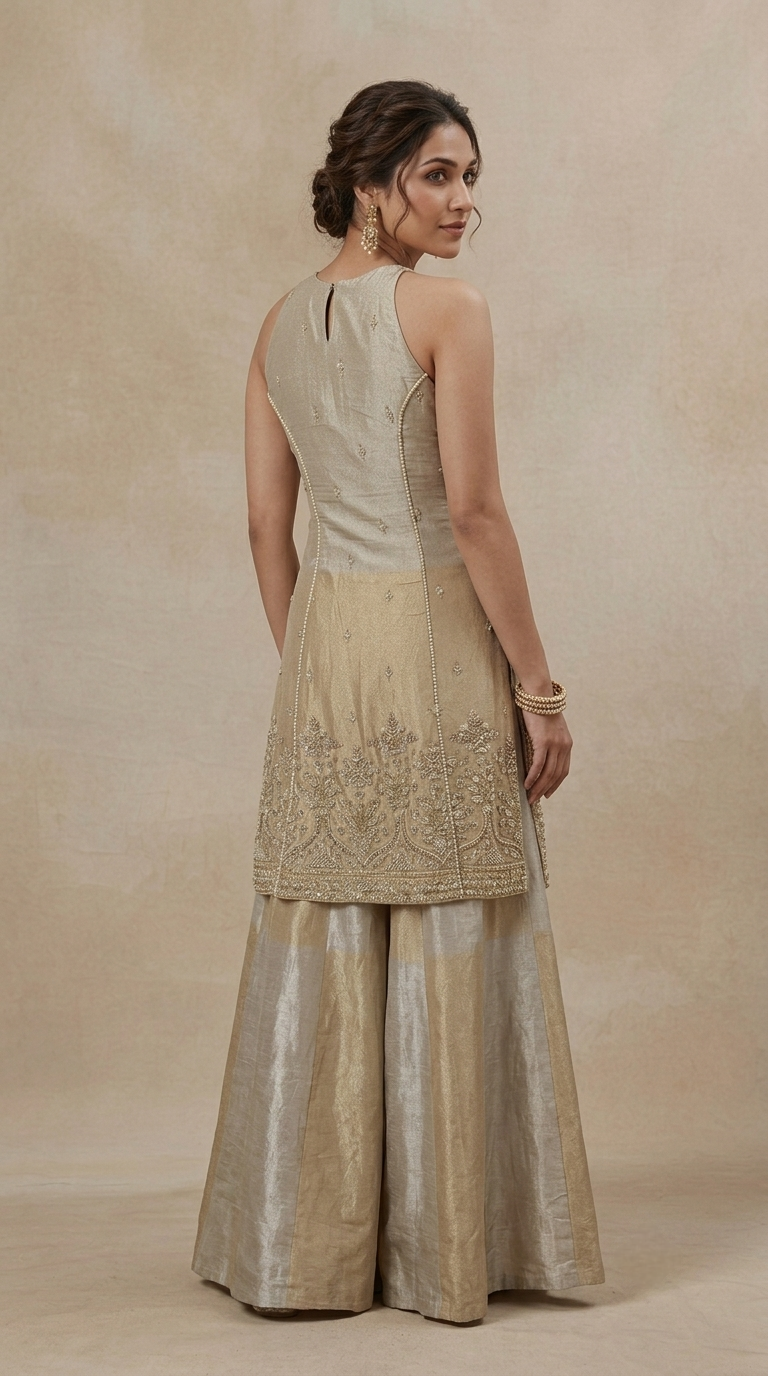 Back view of cream tissue silk salwar suit for women, elegant traditional Indian outfit for weddings, festivals and family functions