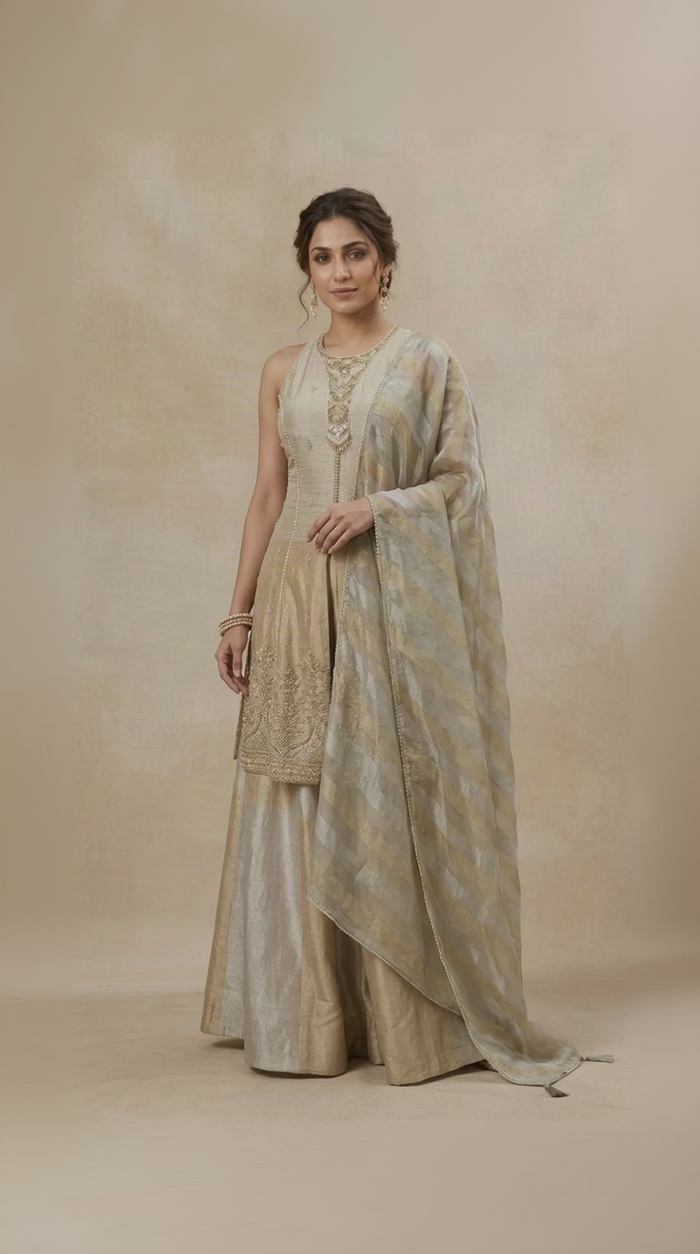 Cream tissue silk salwar suit with elegant embroidery, perfect for weddings, sangeet, festivals, puja, receptions and festive party wear.