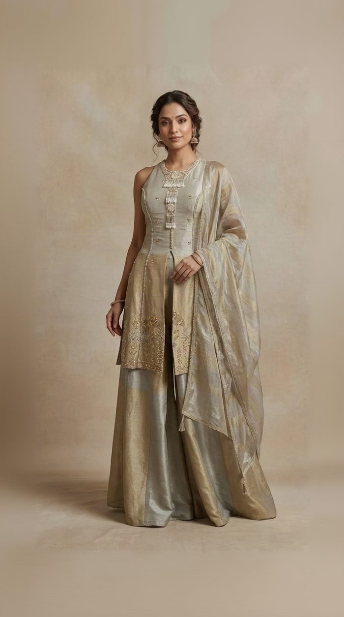 Cream tissue silk salwar suit set with elegant embroidery for wedding, sangeet and festive wear