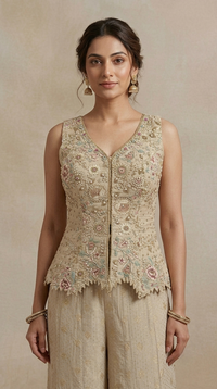 Cream embellished sharara set with sequins for festive occasions, Diwali parties and celebrations