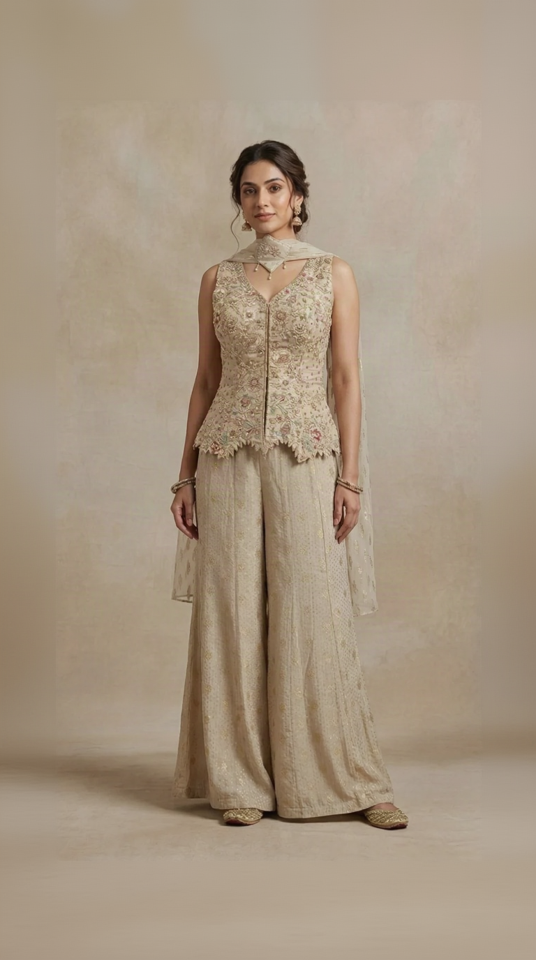 Cream sequins embellished tissue silk sharara set for wedding, sangeet and engagement wear