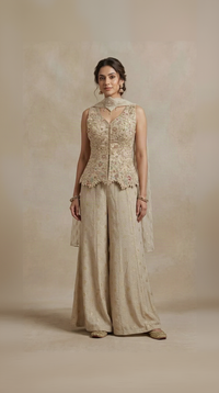 Cream sequins embellished tissue silk sharara set for wedding, sangeet and engagement wear