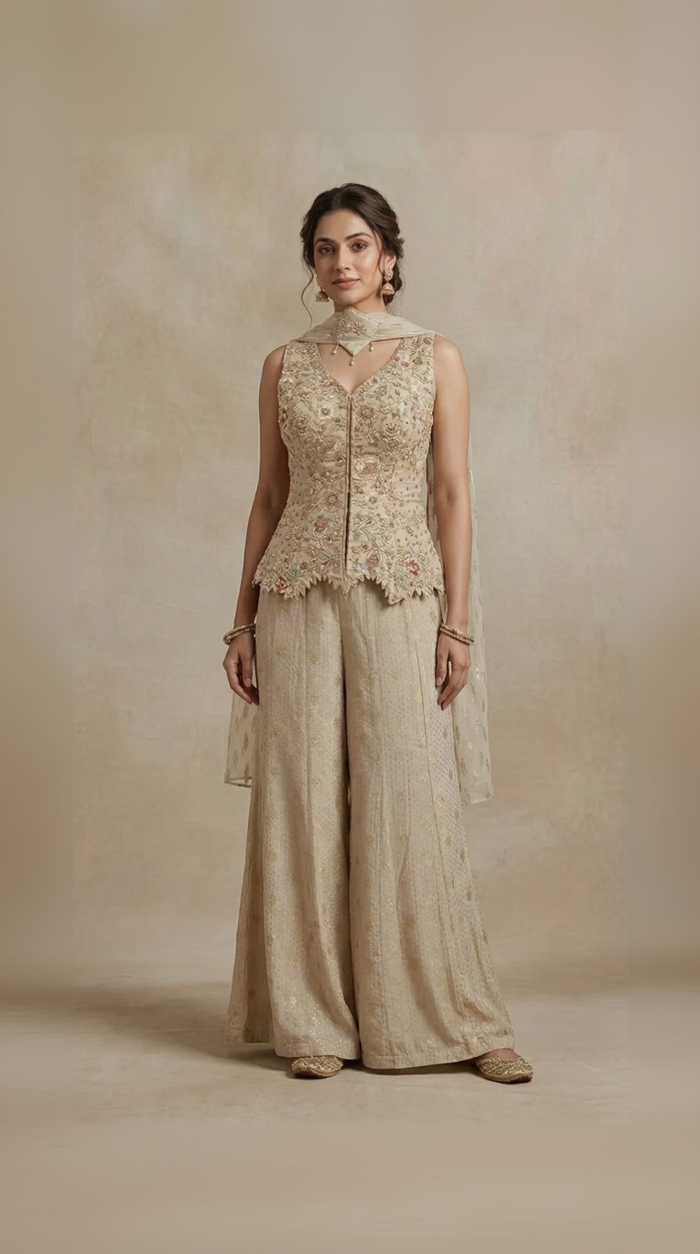 Cream sequins embellished tissue silk sharara set for wedding, sangeet and engagement wear