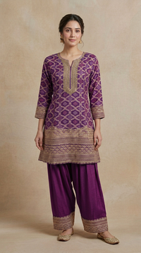 Designer purple Bandhani Farshi salwar suit with cutdana embellishment, perfect for wedding guest outfits, bridesmaid wear, receptions and parties.