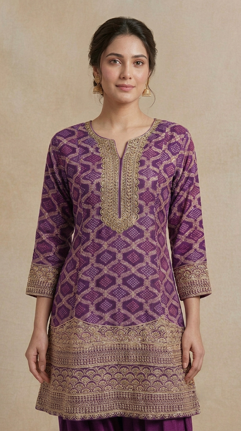 Elegant purple Farshi salwar kameez with Bandhani design and cutdana detailing, ideal for sangeet nights, pre-wedding functions, mehndi and celebrations.