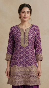 Elegant purple Farshi salwar kameez with Bandhani design and cutdana detailing, ideal for sangeet nights, pre-wedding functions, mehndi and celebrations.