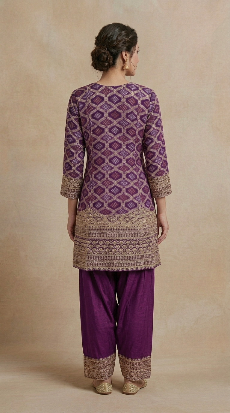 Purple Bandhani ethnic Farshi salwar suit for women, stylish traditional Indian outfit for weddings, festive parties, engagement ceremonies and special occasions.