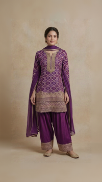 Purple Bandhani cutdana embellished Farshi salwar suit for women, elegant Indian wedding wear for sangeet, mehndi, engagement and festive occasions.