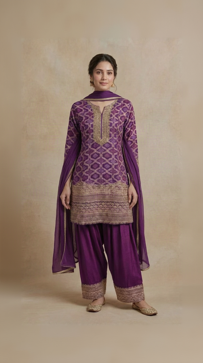 Purple Bandhani cutdana embellished Farshi salwar suit for women, elegant Indian wedding wear for sangeet, mehndi, engagement and festive occasions.