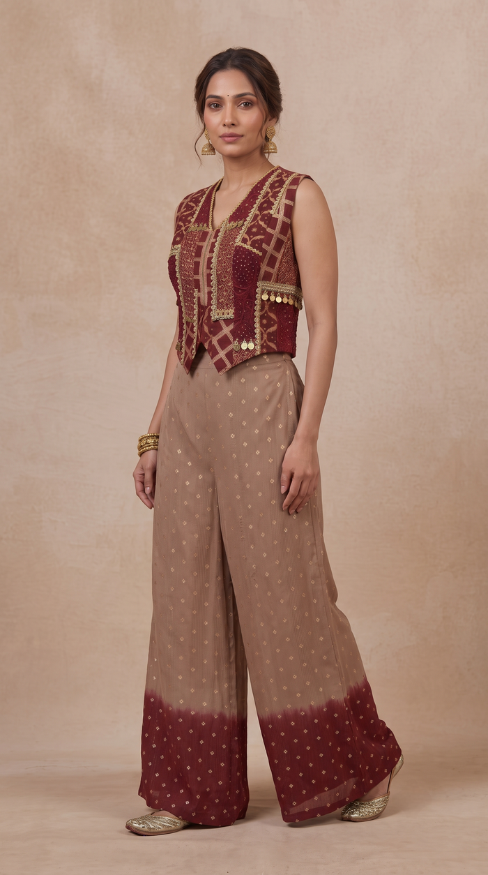 Elegant maroon tissue silk crop top set for women, traditional Indian party wear for weddings, receptions, festive celebrations and special occasions.