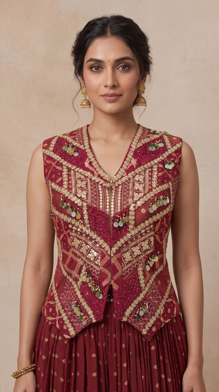 Maroon Bandhani outfit in tissue silk with sequin embroidery, perfect for wedding guest wear, bridesmaid outfits, festive parties and celebrations.