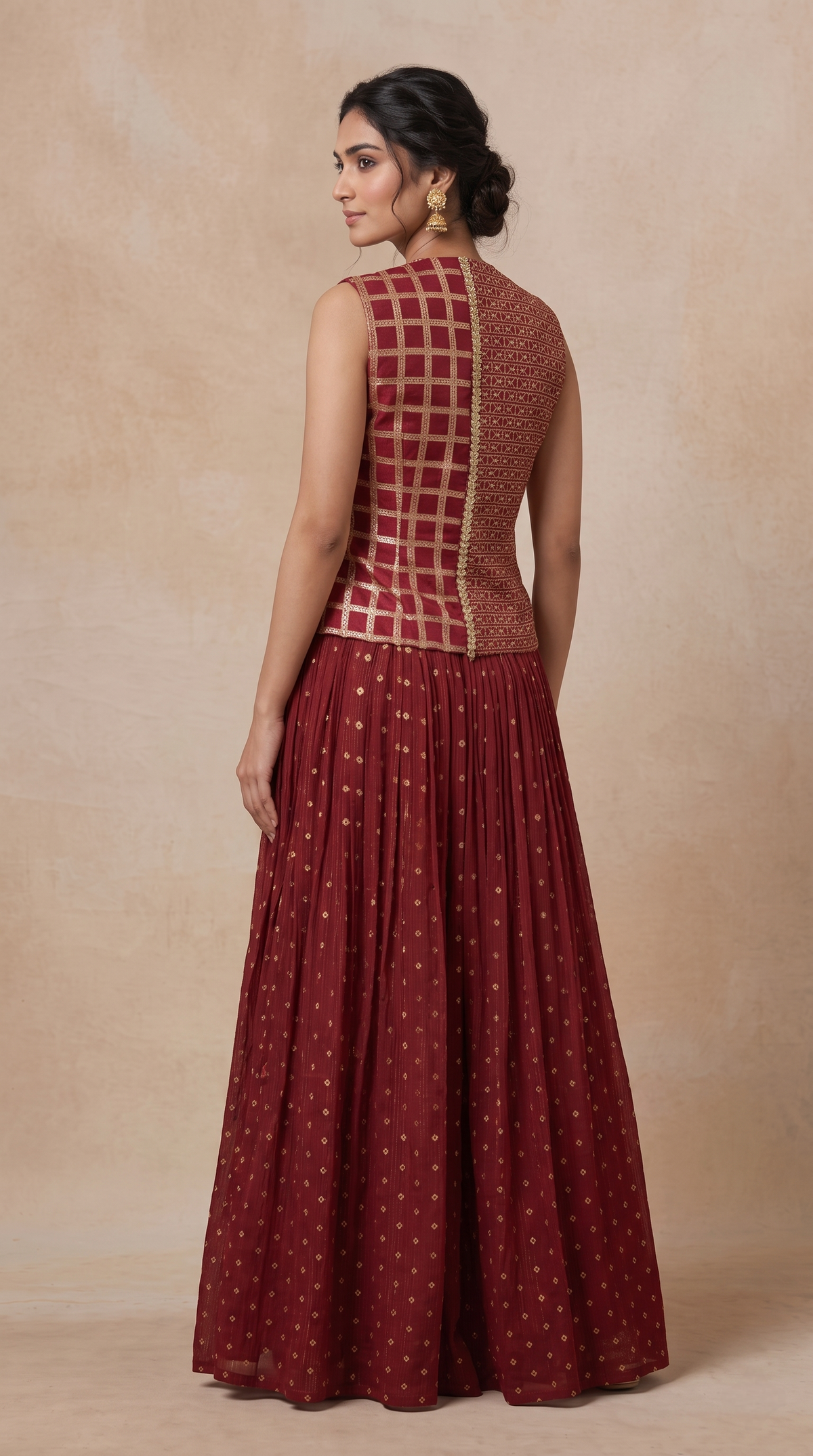 Maroon tissue silk Bandhani sequin work outfit for women, stylish Indian ethnic party wear for weddings, receptions, festive celebrations and special occasions.