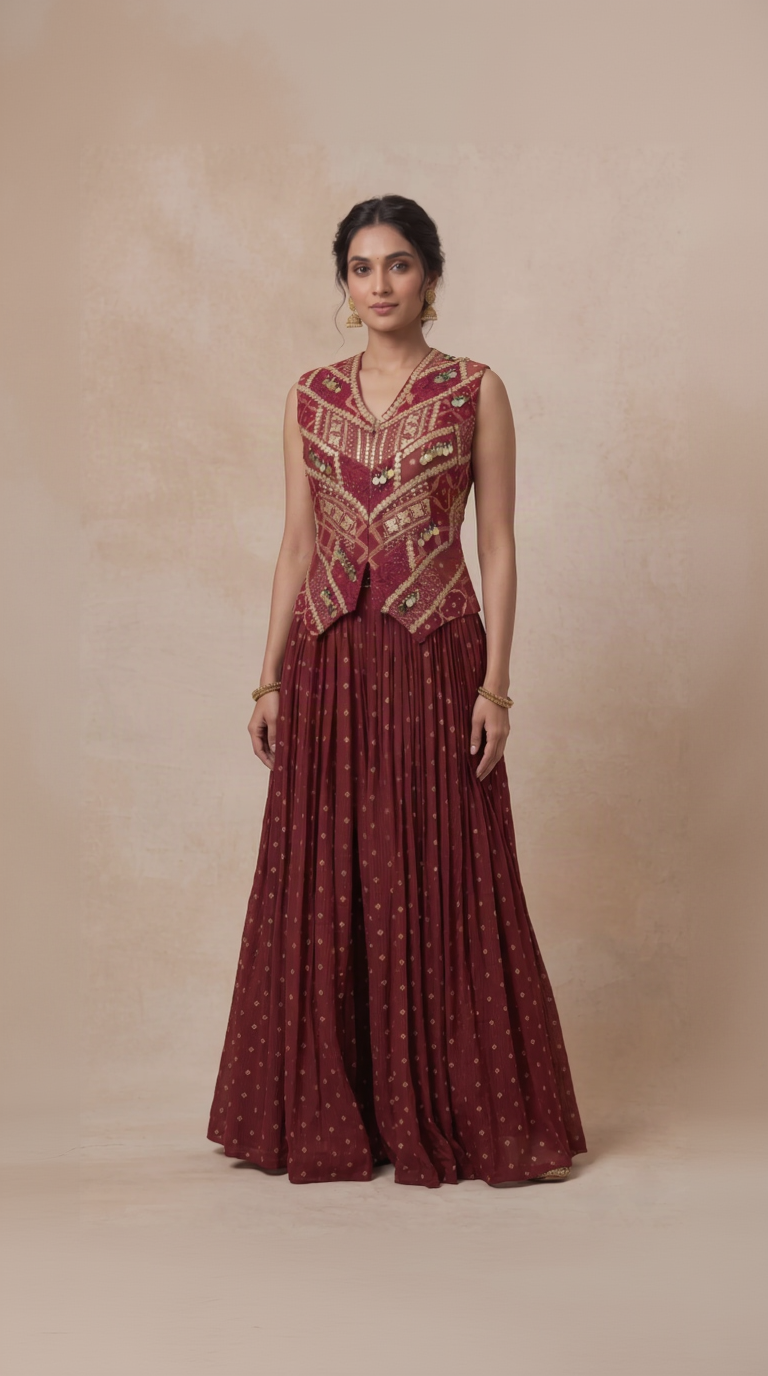 Maroon Bandhani tissue silk sequin embroidered set for women, elegant ethnic wedding wear for sangeet, engagement, reception and festive occasions.