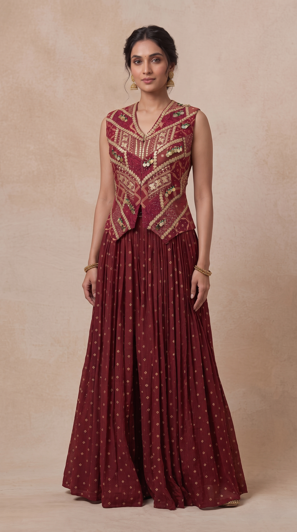 Elegant maroon Bandhani tissue silk embroidered ethnic set for women, ideal for mehndi, sangeet night, cocktail parties and pre-wedding functions.