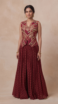 Elegant maroon Bandhani tissue silk embroidered ethnic set for women, ideal for mehndi, sangeet night, cocktail parties and pre-wedding functions.