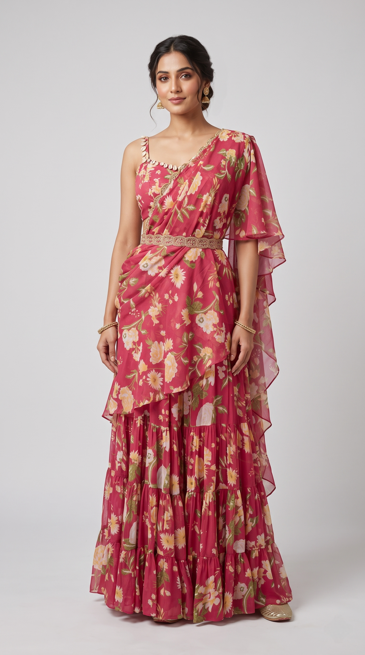 Pink floral embroidered pre-draped saree showcasing elegant detailing, suitable for cocktail parties, receptions and evening events