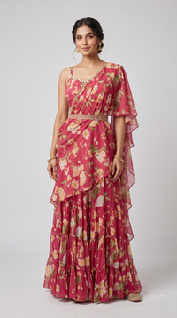 Pink floral embroidered pre-draped saree showcasing elegant detailing, suitable for cocktail parties, receptions and evening events
