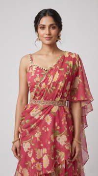 Pink embroidered floral saree with a pre-draped silhouette, contemporary Indian occasion wear for weddings and festive celebrations