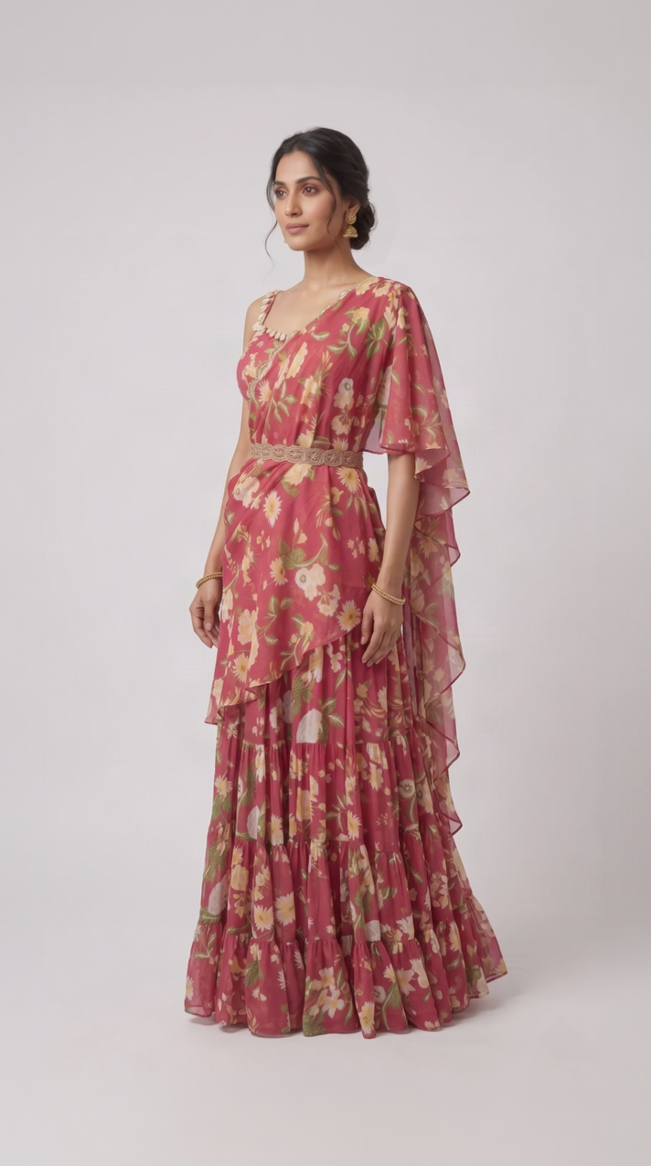 Pink embroidered floral pre-draped saree for weddings, receptions and festive occasions by Nishly Fashion House